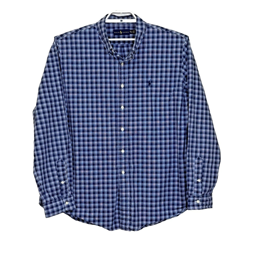 Ralph Lauren Button Down Shirt‎ Mens XXL Blue Plaid Long Sleeve Collared Preppy